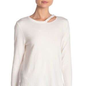 NWT Stellah Pearl Detail White Cut Out Sweater Bell Cuffs